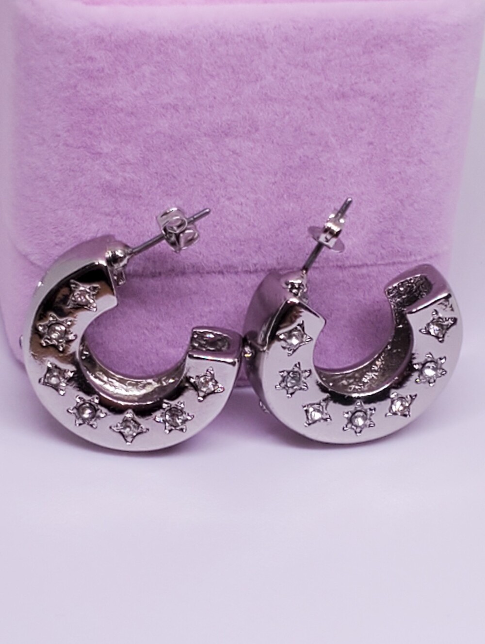 NEW! 925 Sterling Silver Star CZ Cubic Zirconia Chunky Half Hoop Earrings
